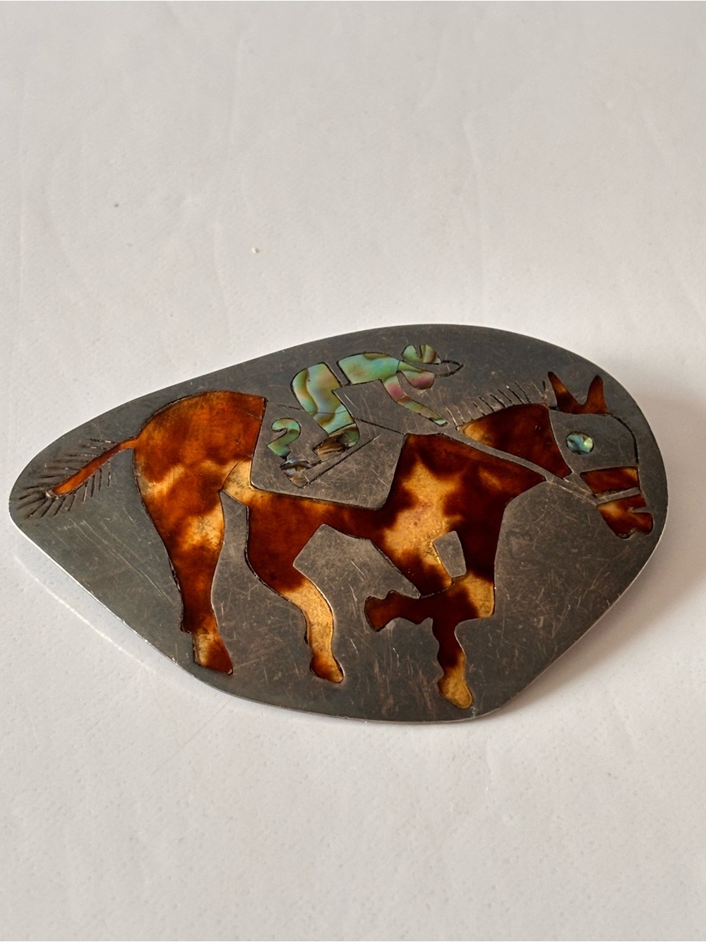Vintage Mexico Taxco 925 Abalone Tortoise Shell Jockey Race
Horse brooch/pendant